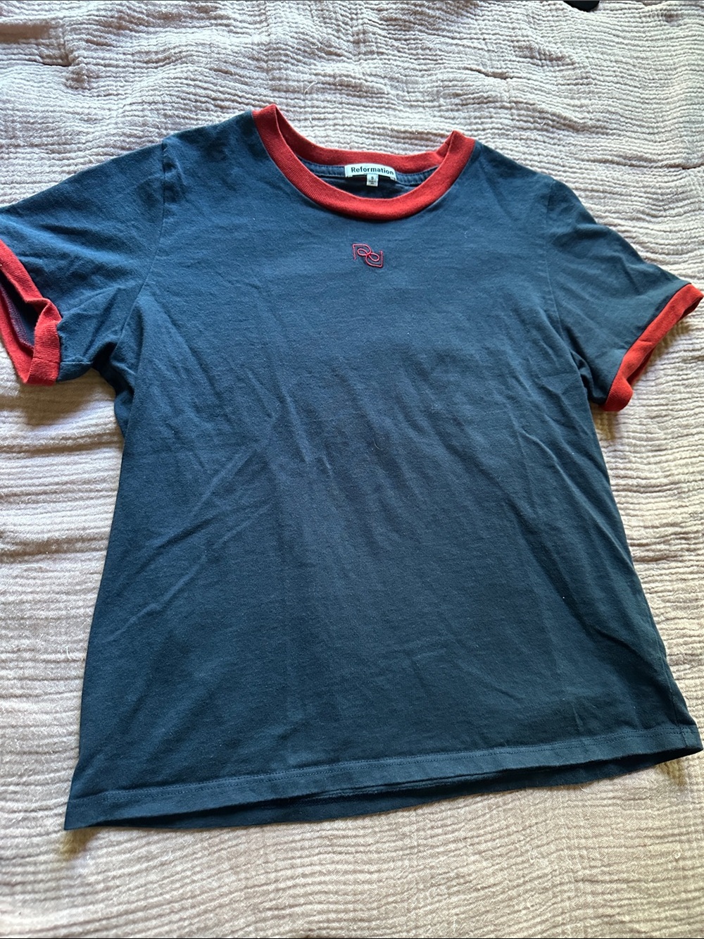 Reformation Navy Tee with Red Ringer Trim